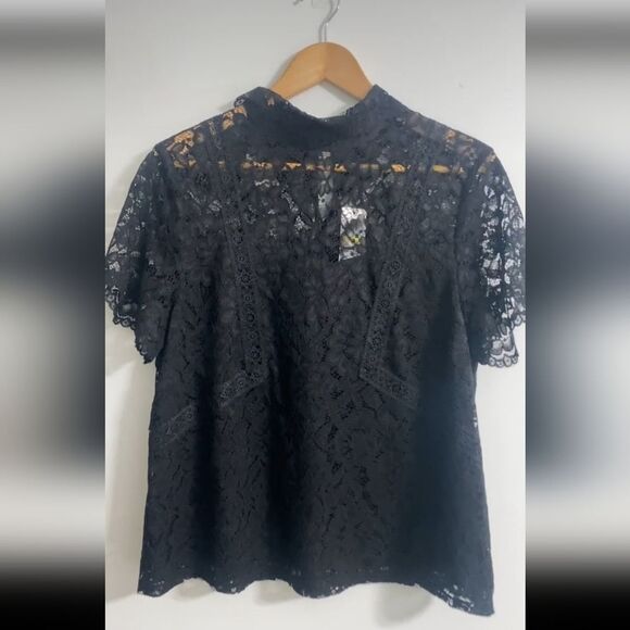NWT Laundry by Shelli Segal Black Lace Collared Lined Top Women Size M - Picture 2 of 13